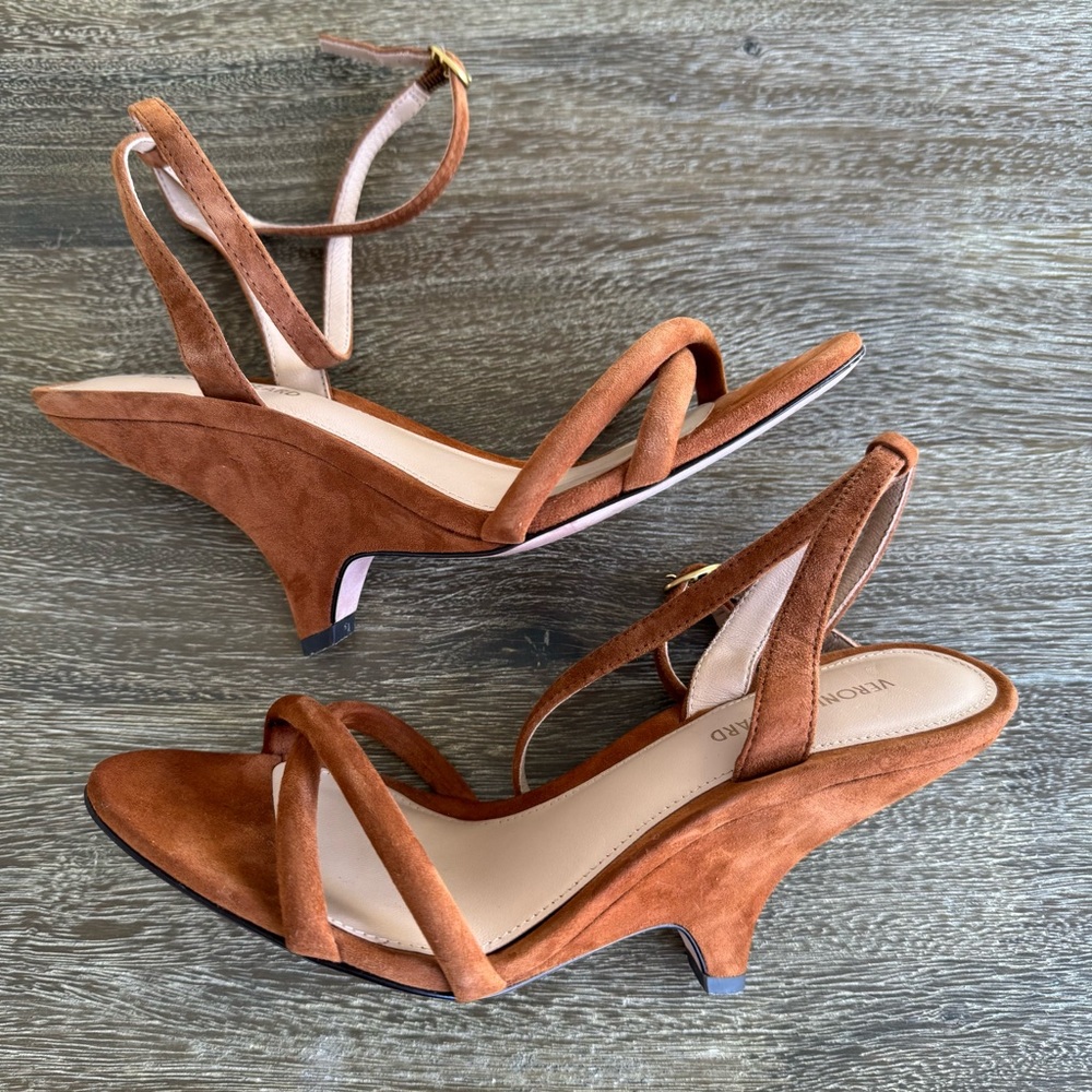 Veronica Beard Manuela 95MM Suede Ankle-Strap Wedge Sandals Caramel Brown 5.5 - Picture 5 of 11